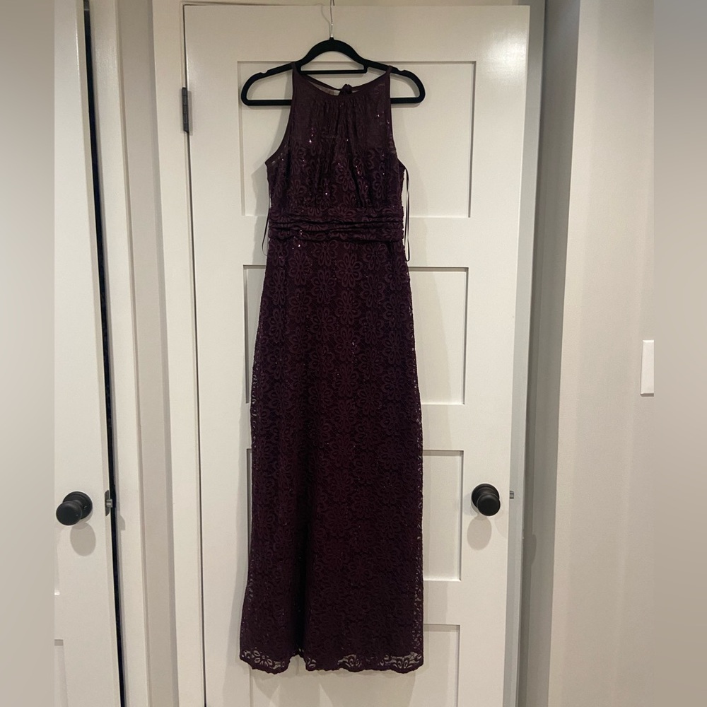 High neck keyhole back purple lace sequin gown